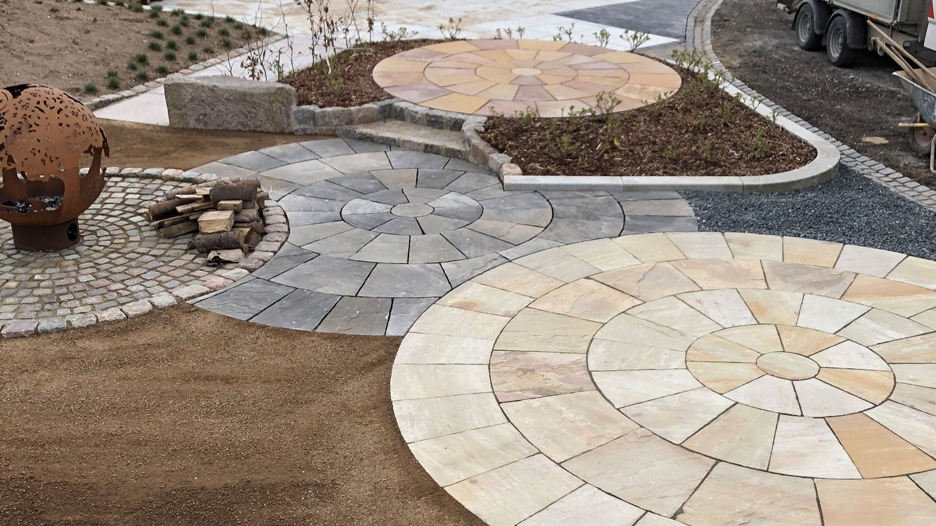 Sahara dark og mahogni Sandsten rondel cirkel terrasse i natursten